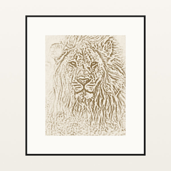 Aged Bronze Etched Lion Line Art – Signed 50-Edition Giclée Print for Gallery Walls — Black gallery mat