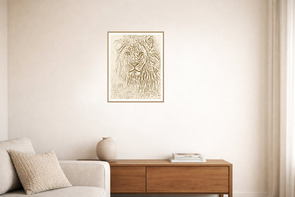 Aged Bronze Etched Lion Line Art – Signed 50-Edition Giclée Print for Gallery Walls — Living room lifestyle