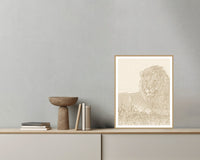 Aged Bronze Etched Line Art – Premium Etched Line Art Wall Art Print — Grey wall with bowl