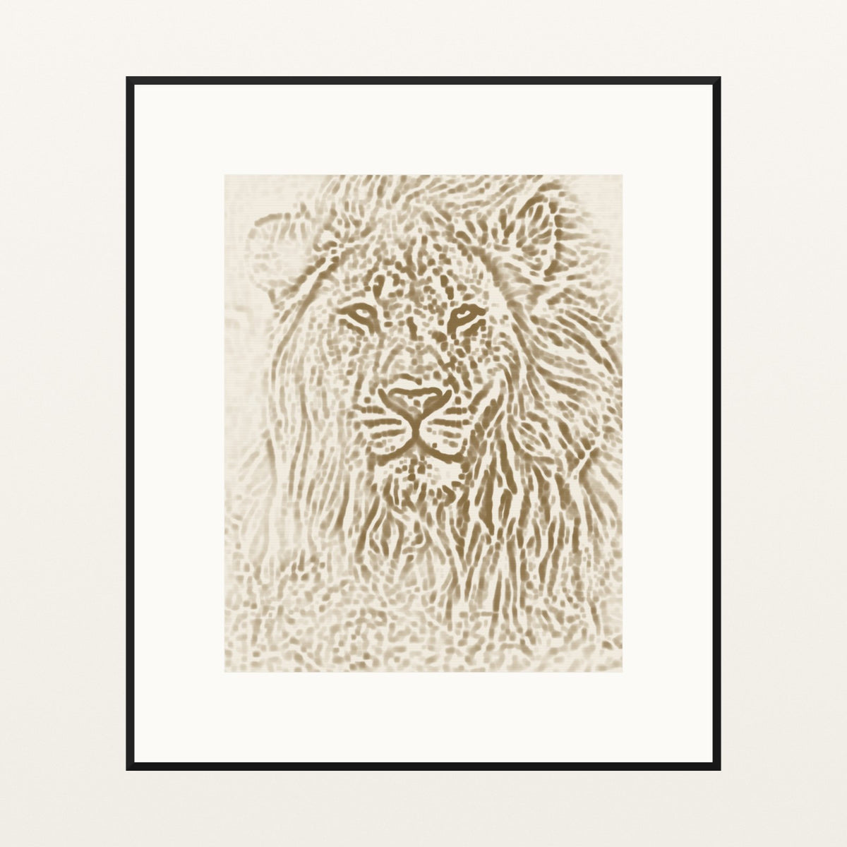 Aged Bronze Etched Lion Line Art – Signed 50-Edition Giclée Print for Gallery Walls — Black gallery mat