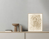 Aged Bronze Etched Lion Line Art – Signed 50-Edition Giclée Print for Gallery Walls — Grey wall with bowl