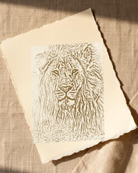 Aged Bronze Etched Lion Line Art – Signed 50-Edition Giclée Print for Gallery Walls — Paper/edge detail