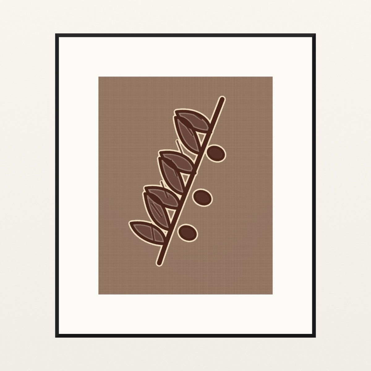Batik Brown Painterly Olive branch – Premium Painterly Wall Art Print — Black gallery mat