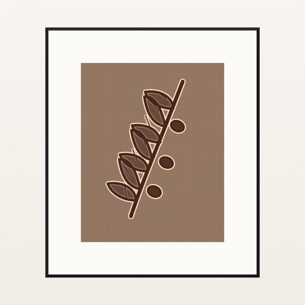 Batik Brown Painterly Olive branch – Premium Painterly Wall Art Print — Black gallery mat