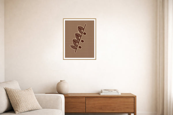 Batik Brown Painterly Olive branch – Premium Painterly Wall Art Print — Living room lifestyle