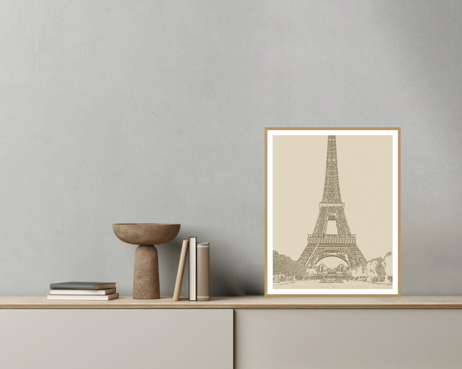 Earth Brown Eiffel Tower Line Art Print — room scene