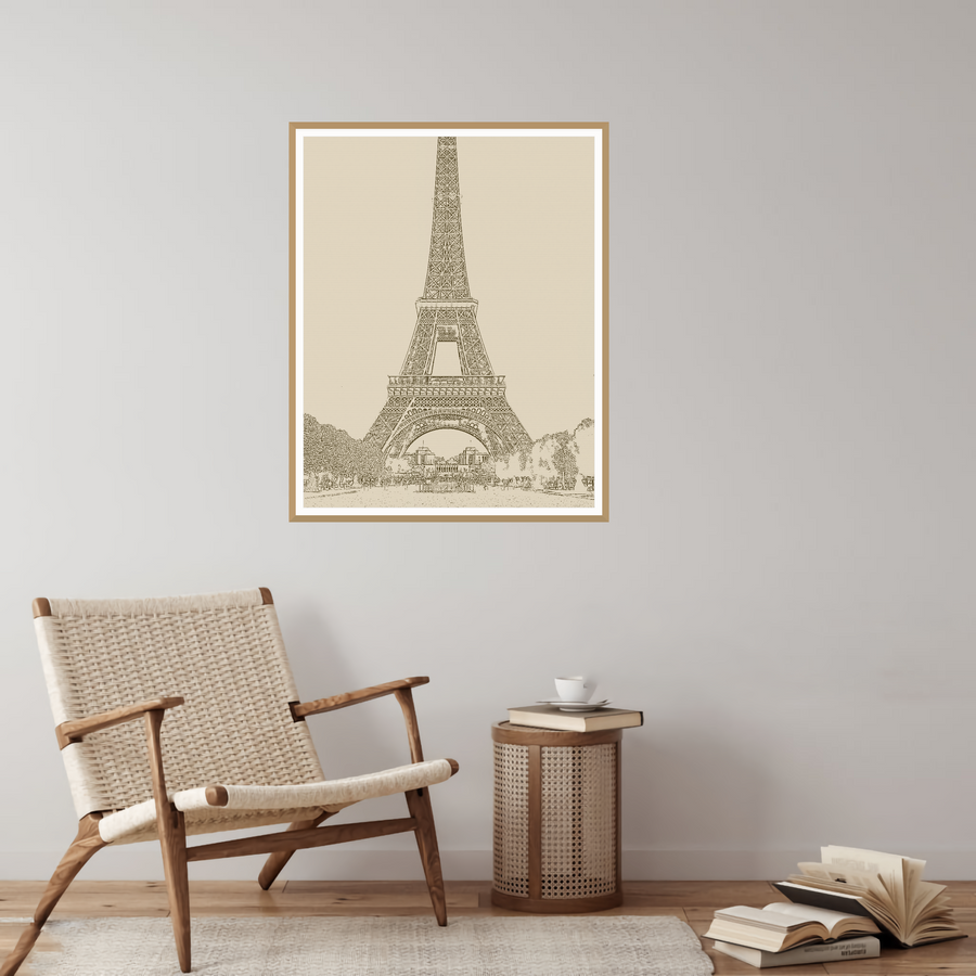 Earth Brown Eiffel Tower Line Art Print — room scene