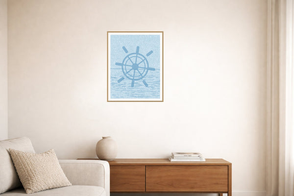 Cool Ocean Sketch-filter Ship's Wheel – Premium Sketch-filter Wall Art Print — Living room lifestyle