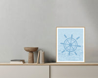 Cool Ocean Sketch-filter Ship's Wheel – Premium Sketch-filter Wall Art Print — Grey wall with bowl