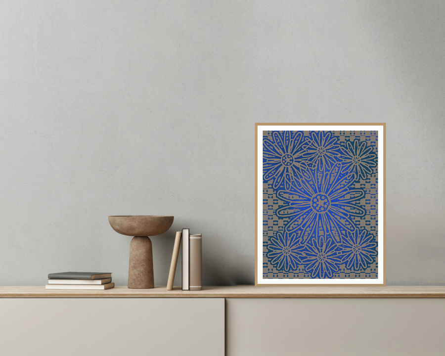 Driftwood Indigo Sunflower Etched Line Art — room scene