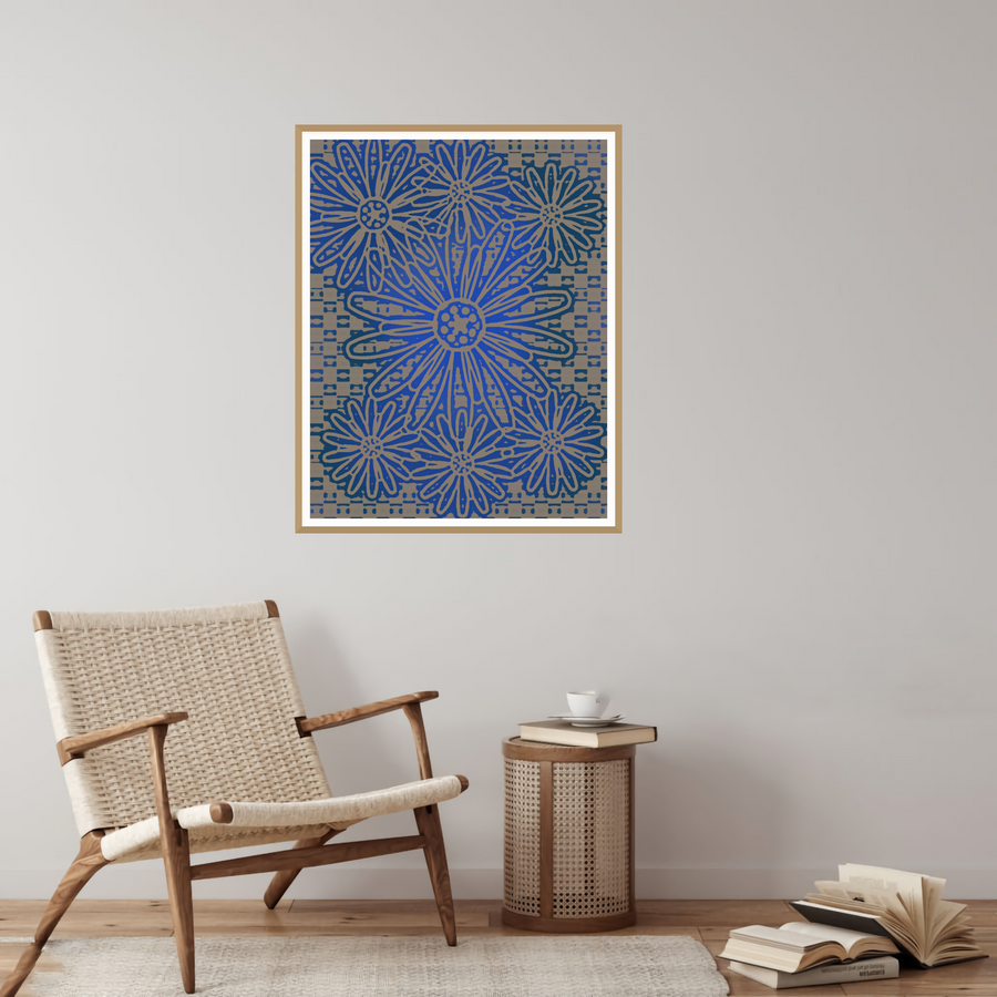 Driftwood Indigo Sunflower Etched Line Art — room scene