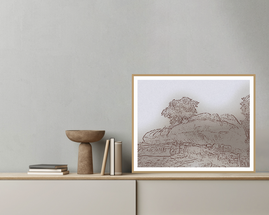 Warm Earth Painterly Etched Line Art: Olumo Rock — room scene