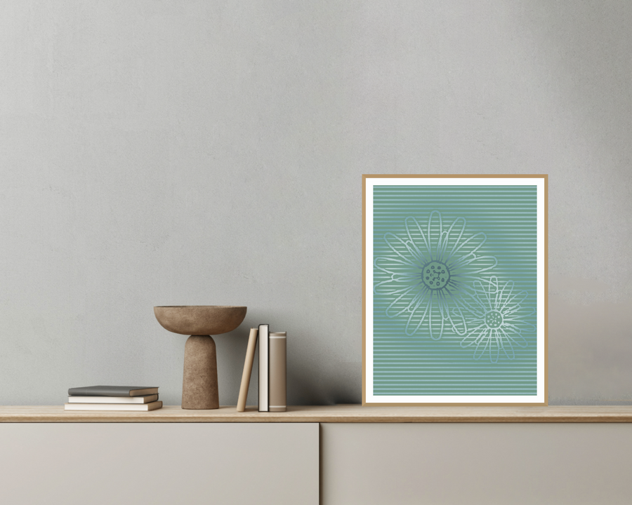 Indigo Sunflower Painterly Etched Line Art — room scene