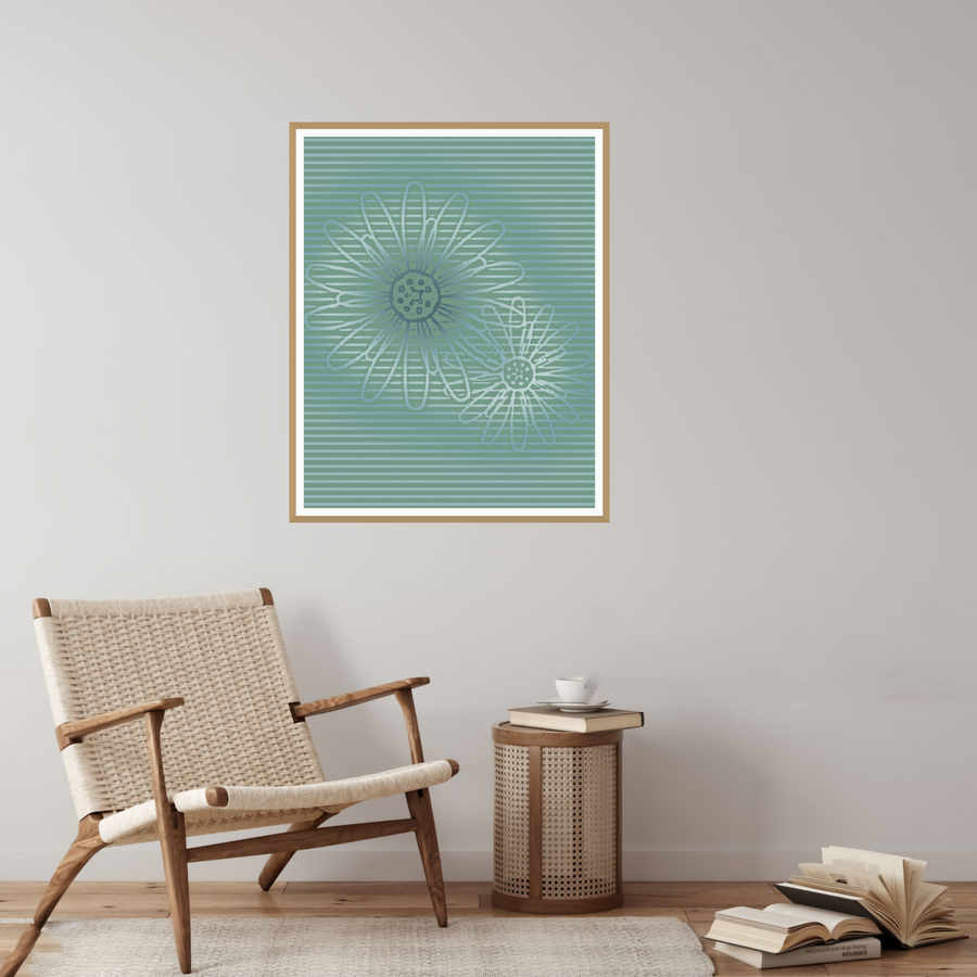 Indigo Sunflower Painterly Etched Line Art — room scene