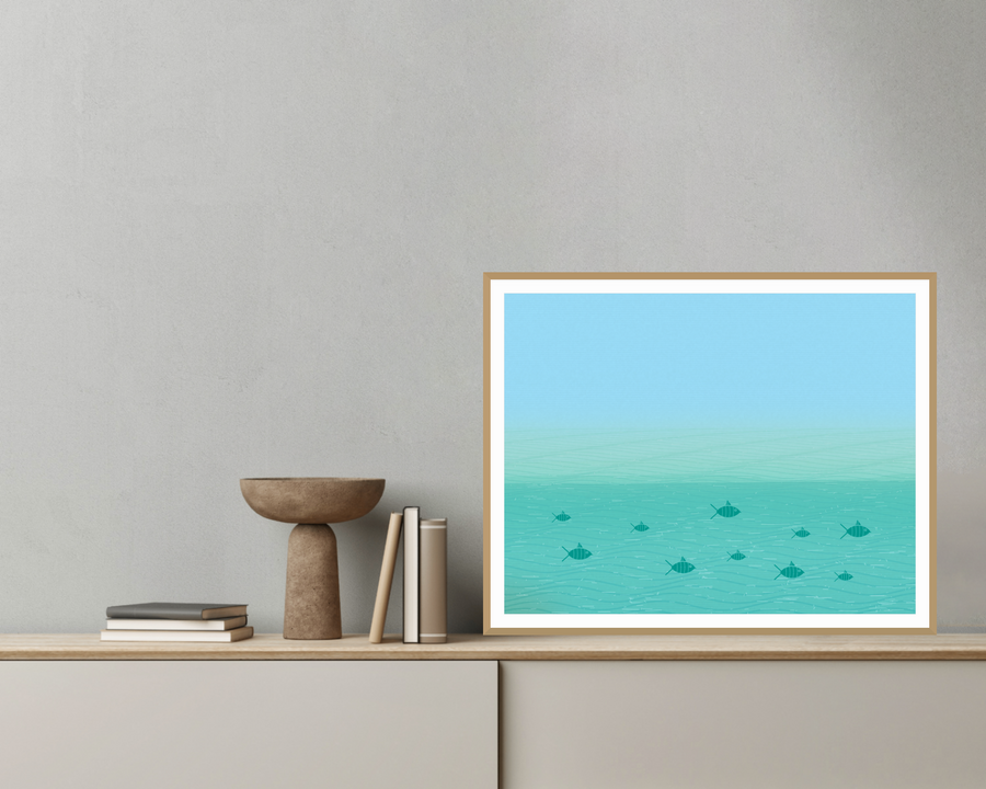 Bold Modern Gradient-sky Cloud-field Art Print — room scene