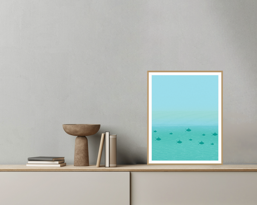 Bold Modern Gradient-sky Cloud-field Art Print — room scene