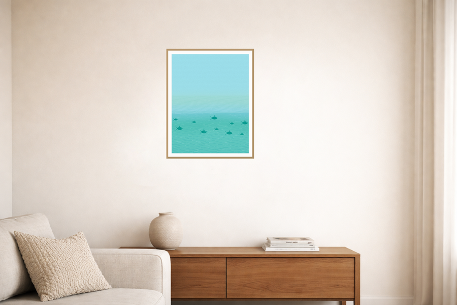 Bold Modern Gradient-sky Cloud-field Art Print — room scene