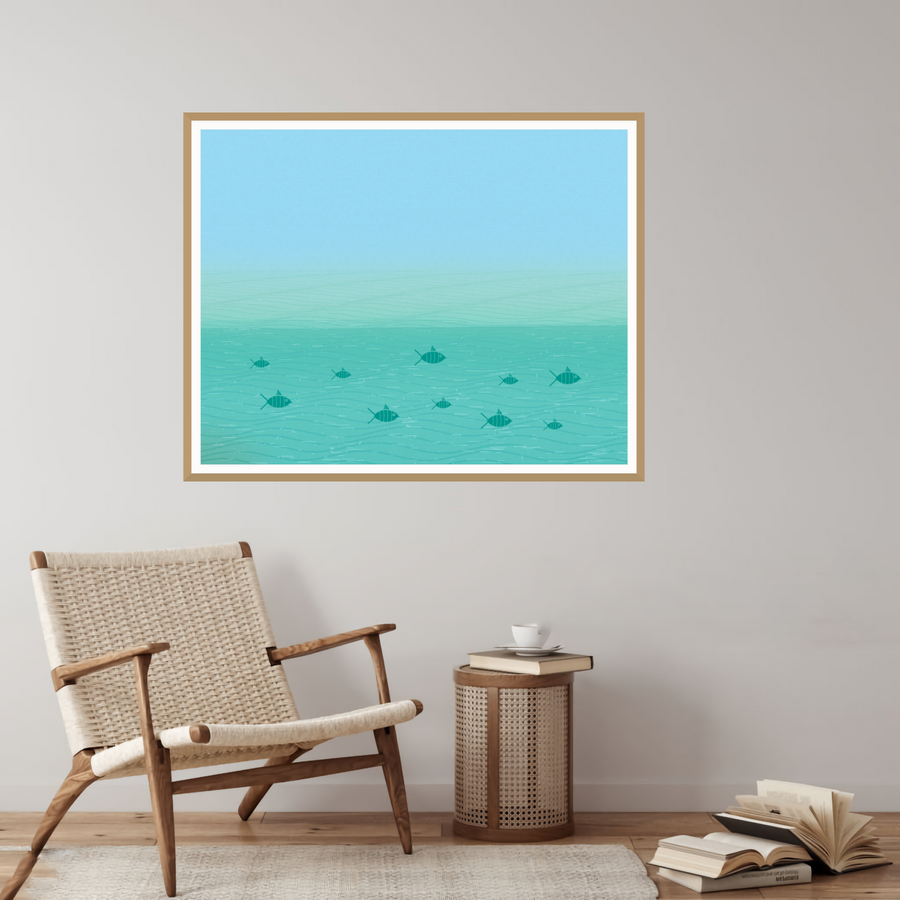 Bold Modern Gradient-sky Cloud-field Art Print — room scene