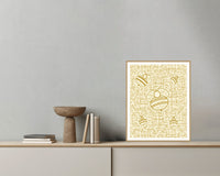 Honeyed Gold Bees Motif – Limited Edition Motif Art Print — Grey wall with bowl