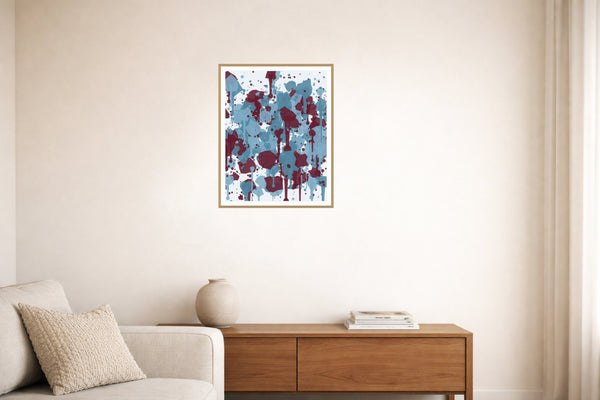 Icy Blue & Burgundy Paint Splatter – Signed 50-Edition Giclée Print for Gallery Walls — Living room lifestyle