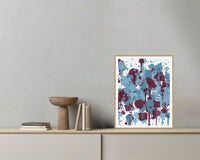 Icy Blue & Burgundy Paint Splatter – Signed 50-Edition Giclée Print for Gallery Walls — Grey wall with bowl