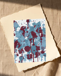 Icy Blue & Burgundy Paint Splatter – Signed 50-Edition Giclée Print for Gallery Walls — Paper/edge detail