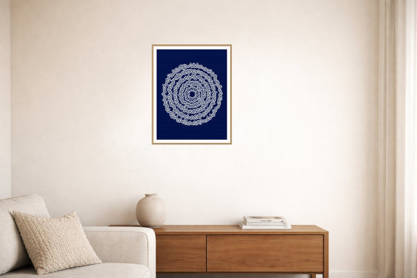 Indigo Abstract Wave – Signed 50-Edition Giclée Print for Gallery Walls — Living room lifestyle