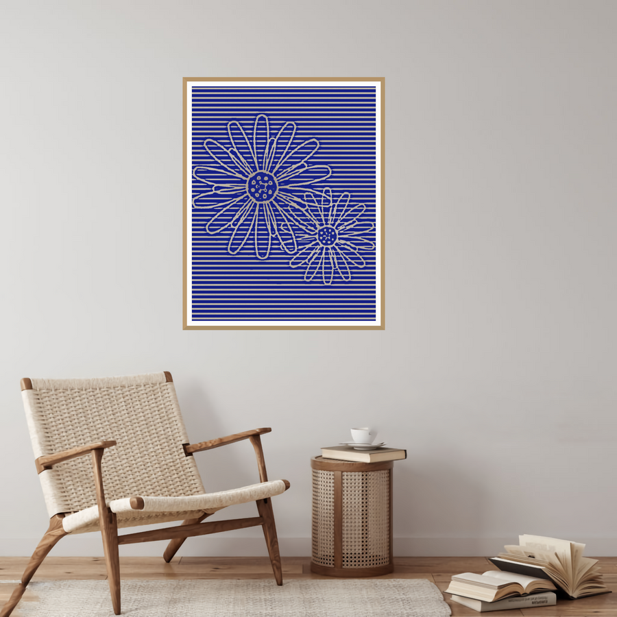 Indigo Sunflower Painterly Etched Line Art — room scene