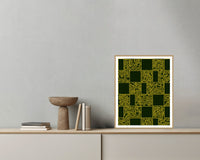 Kente Gold Geometric – Premium Geometric Wall Art Print — Grey wall with bowl
