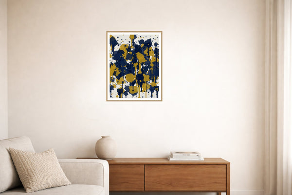 Navy & Mustard Paint Splatter – Signed 50-Edition Giclée Print for Gallery Walls — Living room lifestyle