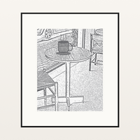 Monochrome Etched Line Art Cafe – Premium Etched Line Art Wall Art Print