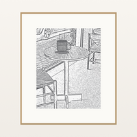 Monochrome Etched Line Art Cafe – Premium Etched Line Art Wall Art Print