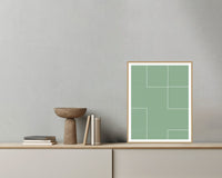Sage Wash Geometric – Premium Geometric Wall Art Print — Grey wall with bowl