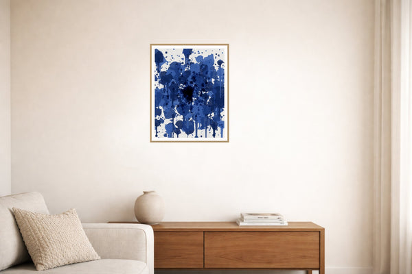 Shibori Indigo Paint Splatter – Signed 50-Edition Giclée Print for Gallery Walls — Living room lifestyle