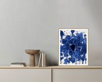 Shibori Indigo Paint Splatter – Signed 50-Edition Giclée Print for Gallery Walls — Grey wall with bowl