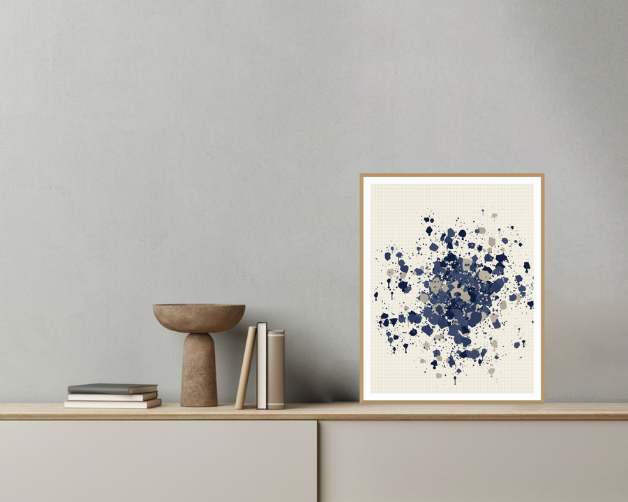 Sashiko Light Indigo Organic Texture Paint-splatter Wall Art — room scene