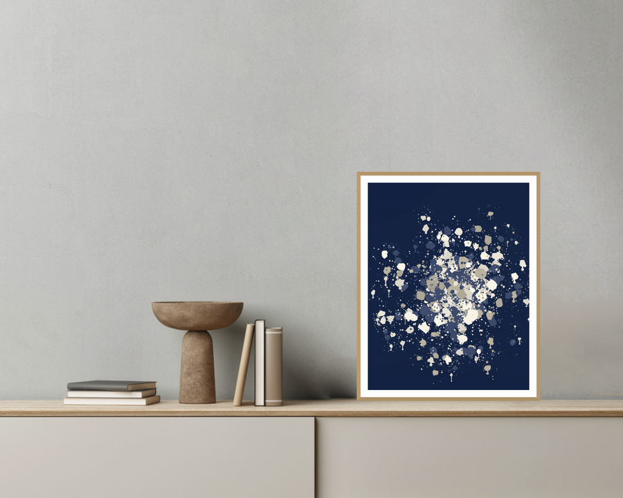 Sashiko Indigo Organic Texture Paint-splatter Wall Art — room scene