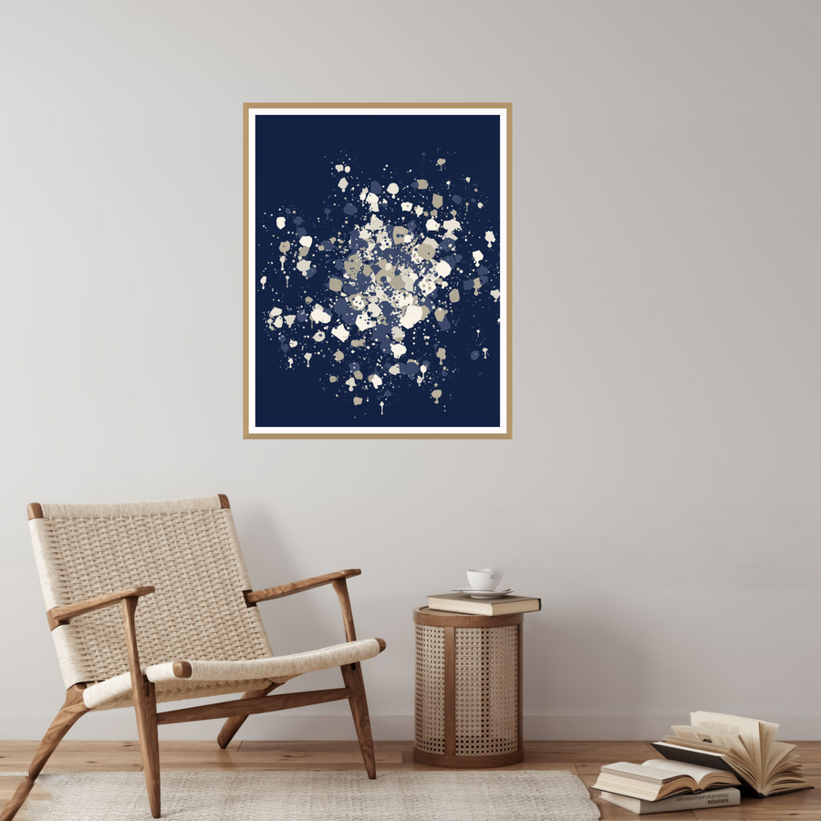 Sashiko Indigo Organic Texture Paint-splatter Wall Art — room scene