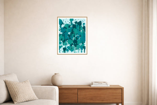 Turquoise Depths Paint Splatter – Signed 50-Edition Giclée Print for Gallery Walls — Living room lifestyle