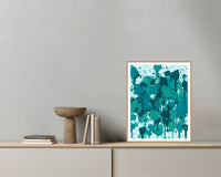 Turquoise Depths Paint Splatter – Signed 50-Edition Giclée Print for Gallery Walls — Grey wall with bowl