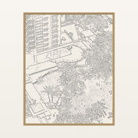 Warm Earth Etched Resort Line Art – Premium Etched Line Art Wall Art Print — Floating natural frame