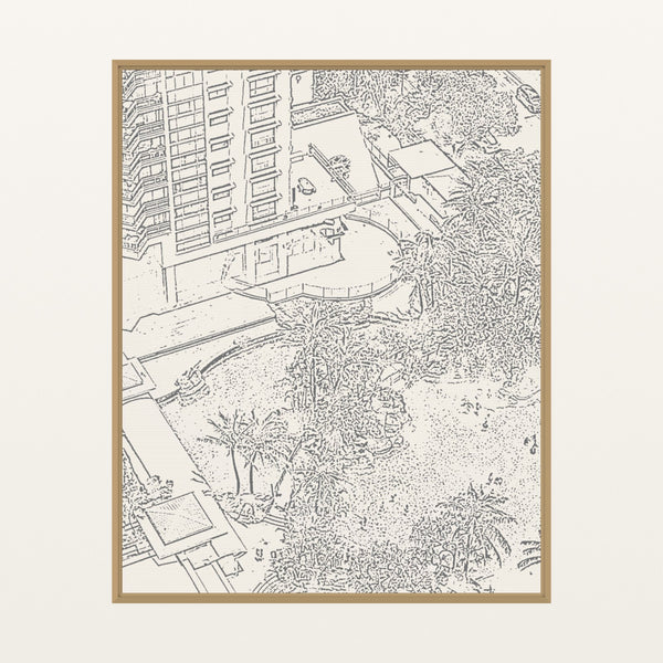Warm Earth Etched Resort Line Art – Premium Etched Line Art Wall Art Print — Floating natural frame