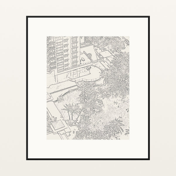 Warm Earth Etched Resort Line Art – Premium Etched Line Art Wall Art Print — Black gallery mat