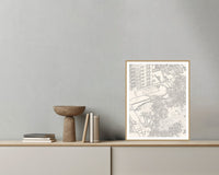 Warm Earth Etched Resort Line Art – Premium Etched Line Art Wall Art Print — Grey wall with bowl